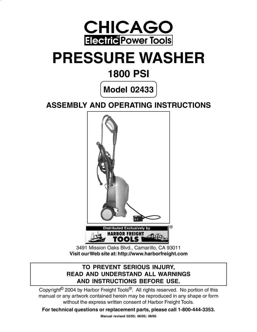 Harbor Freight Tools 2433 manual Pressure Washer, For technical questions or replacement parts, please call 