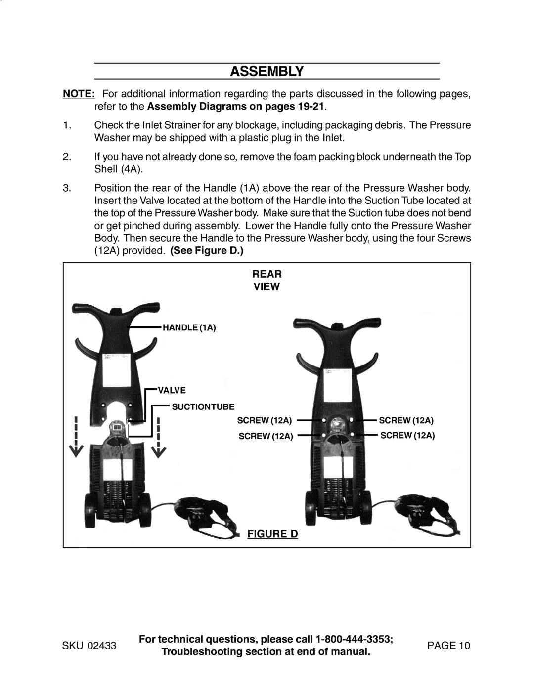 Harbor Freight Tools 2433 manual Assembly, Rear View 