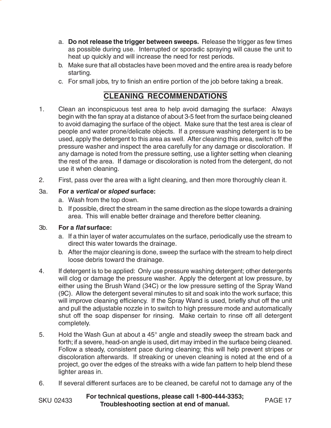 Harbor Freight Tools 2433 manual Cleaning Recommendations, 3a. For a vertical or sloped surface, 3b. For a flat surface 