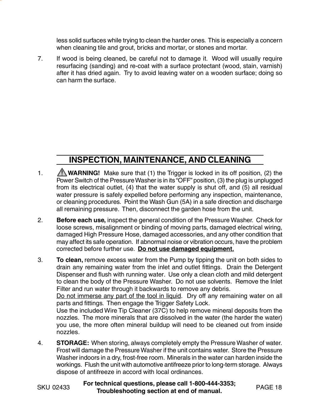 Harbor Freight Tools 2433 manual INSPECTION, MAINTENANCE, and Cleaning 