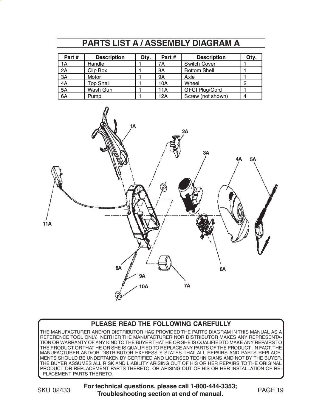 Harbor Freight Tools 2433 manual Parts List a / Assembly Diagram a, Description Qty 