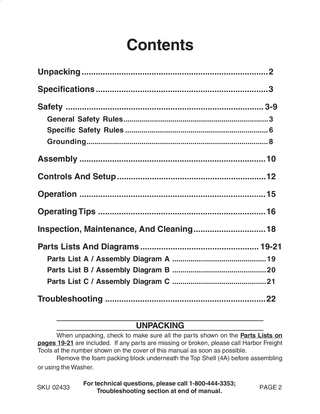 Harbor Freight Tools 2433 manual Contents 