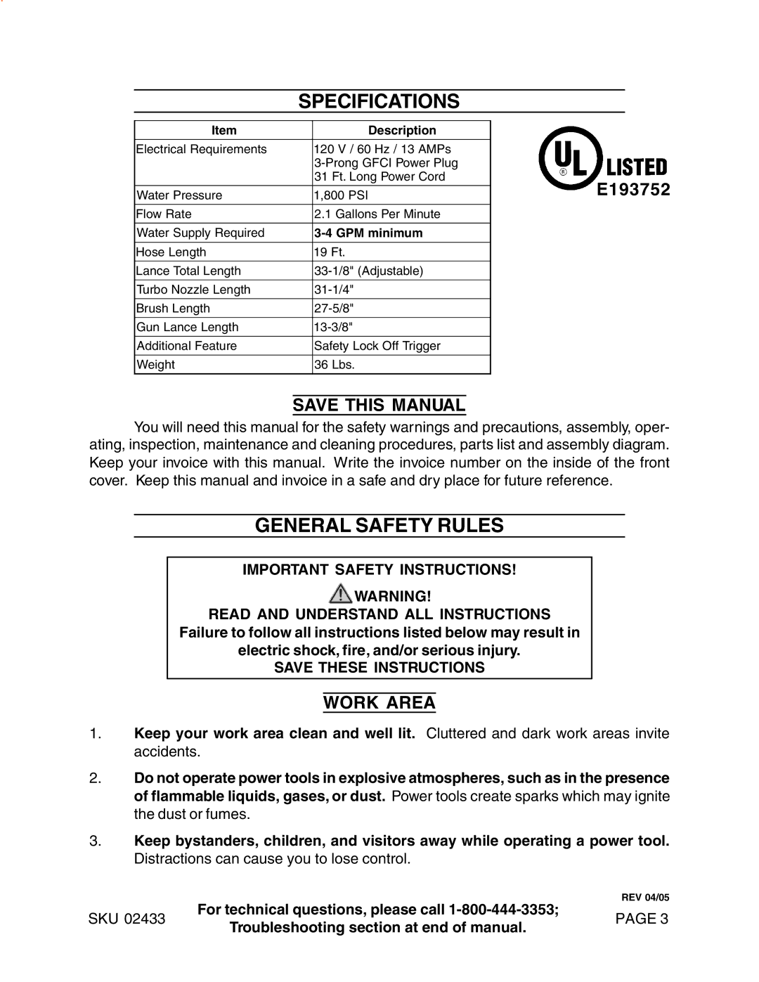 Harbor Freight Tools 2433 manual Specifications, General Safety Rules, Save this Manual, Work Area 