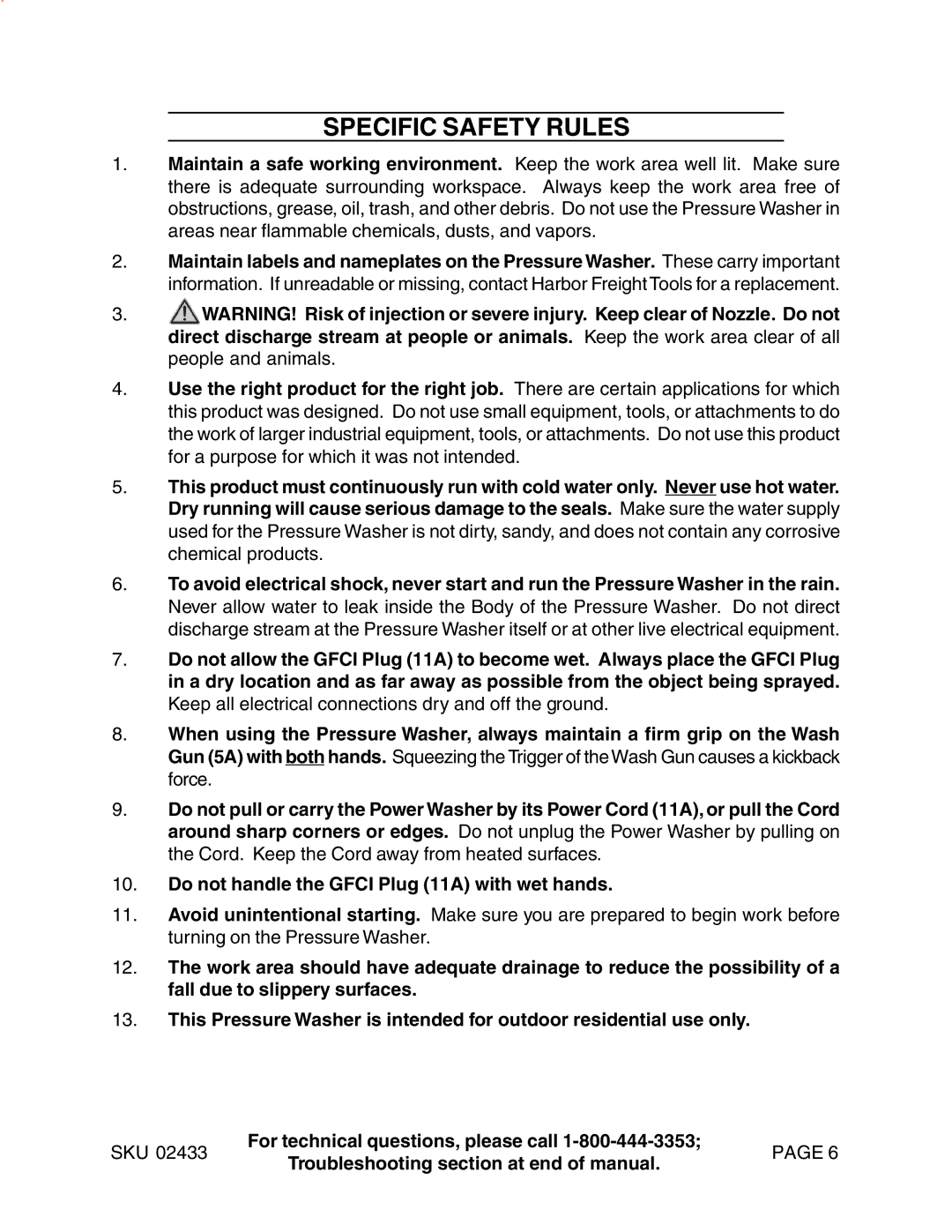 Harbor Freight Tools 2433 manual Specific Safety Rules, Do not handle the Gfci Plug 11A with wet hands 