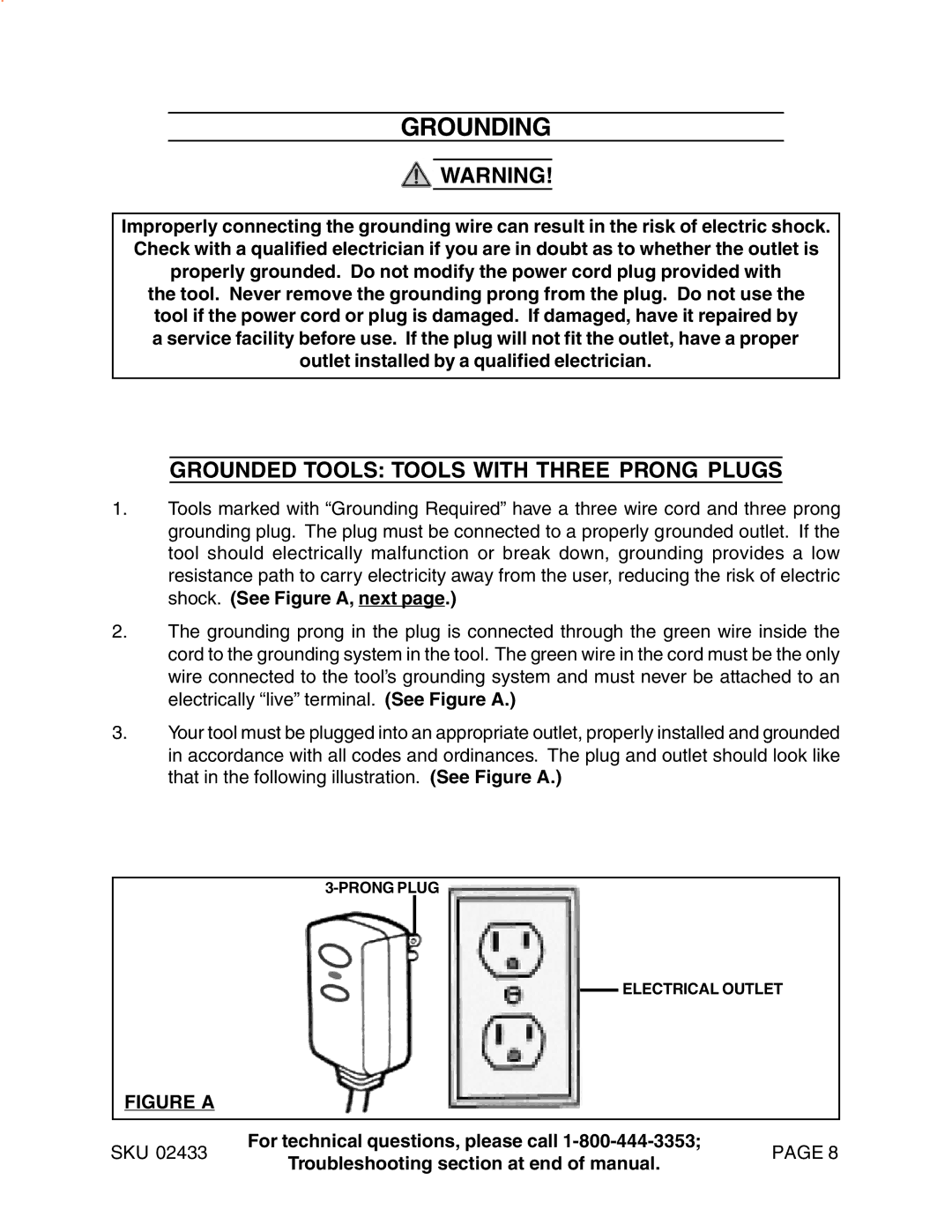 Harbor Freight Tools 2433 manual Grounding, Grounded Tools Tools with Three Prong Plugs 