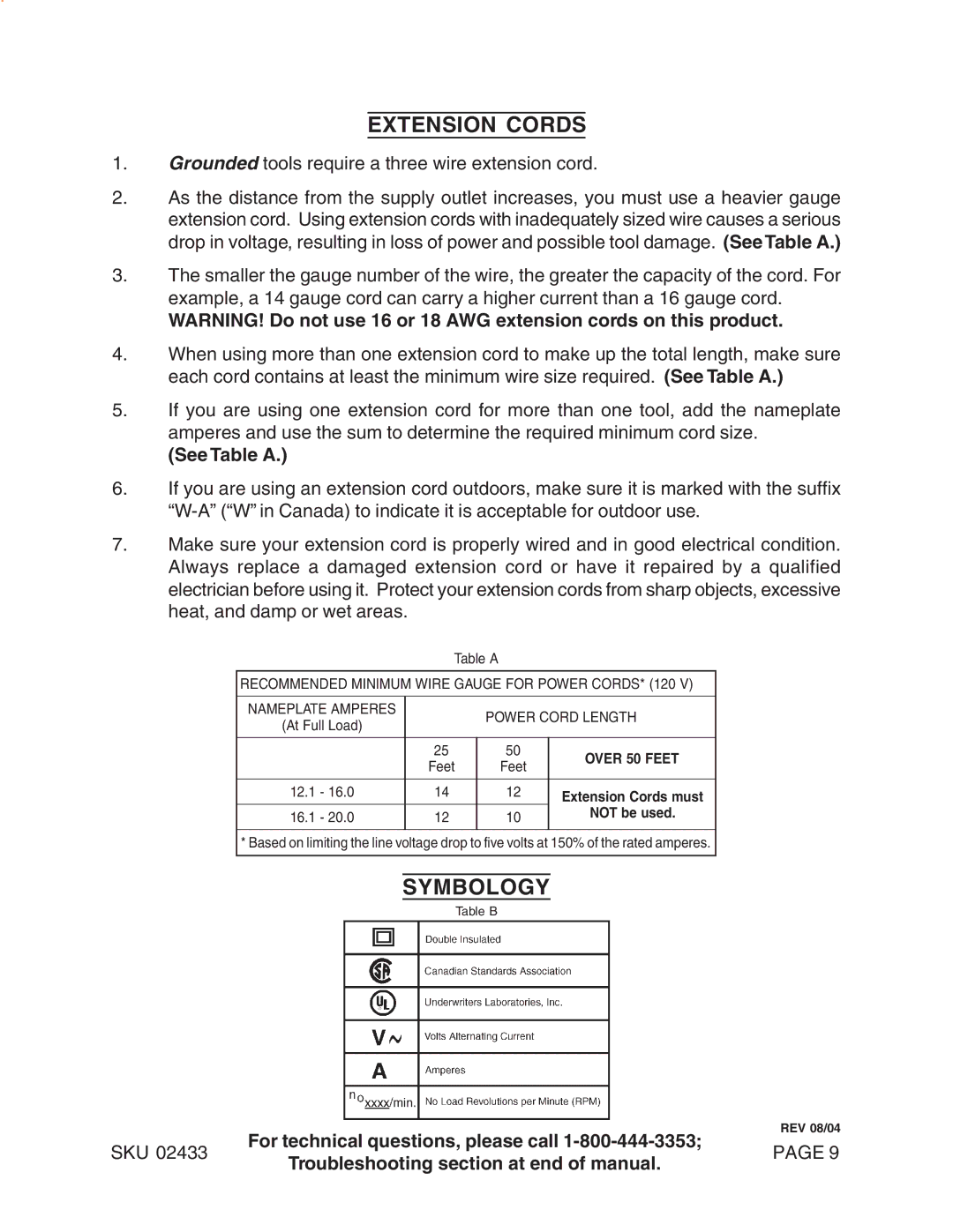 Harbor Freight Tools 2433 manual Extension Cords, Symbology, See Table a 