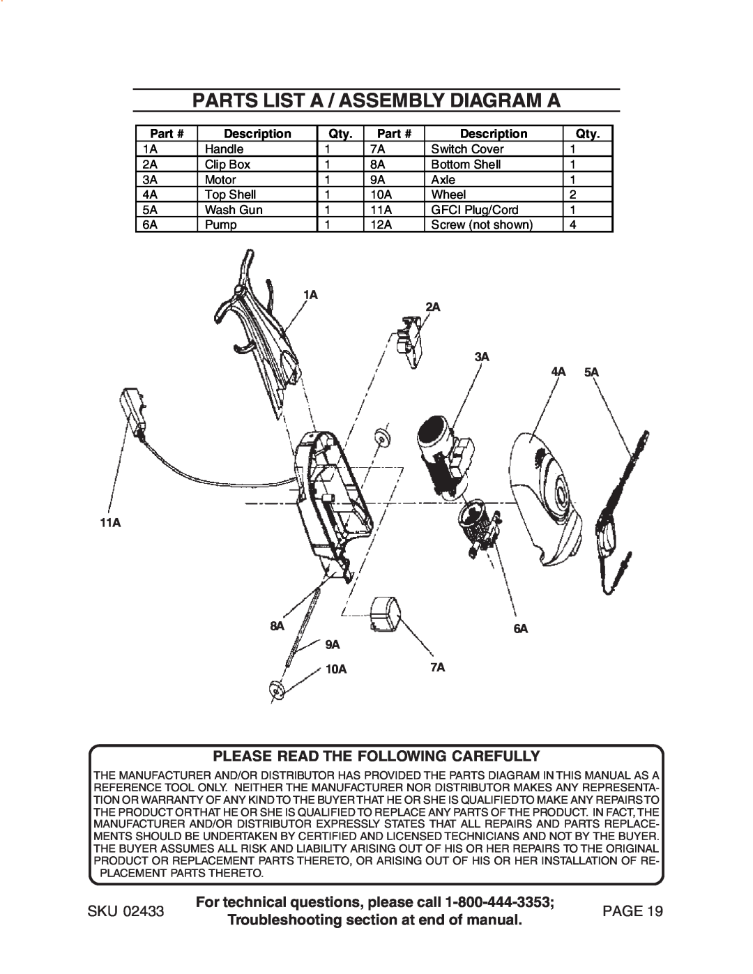 Harbor Freight Tools 2433 manual Parts List A / Assembly Diagram A, Please Read The Following Carefully, Page 