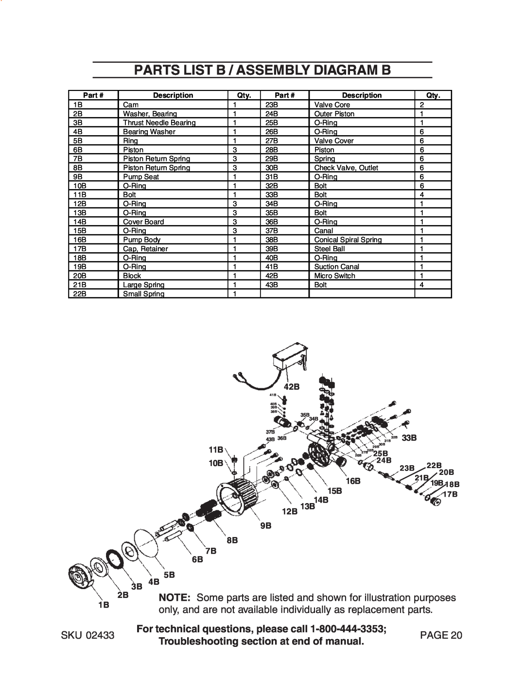 Harbor Freight Tools 2433 manual Parts List B / Assembly Diagram B, For technical questions, please call, Page 