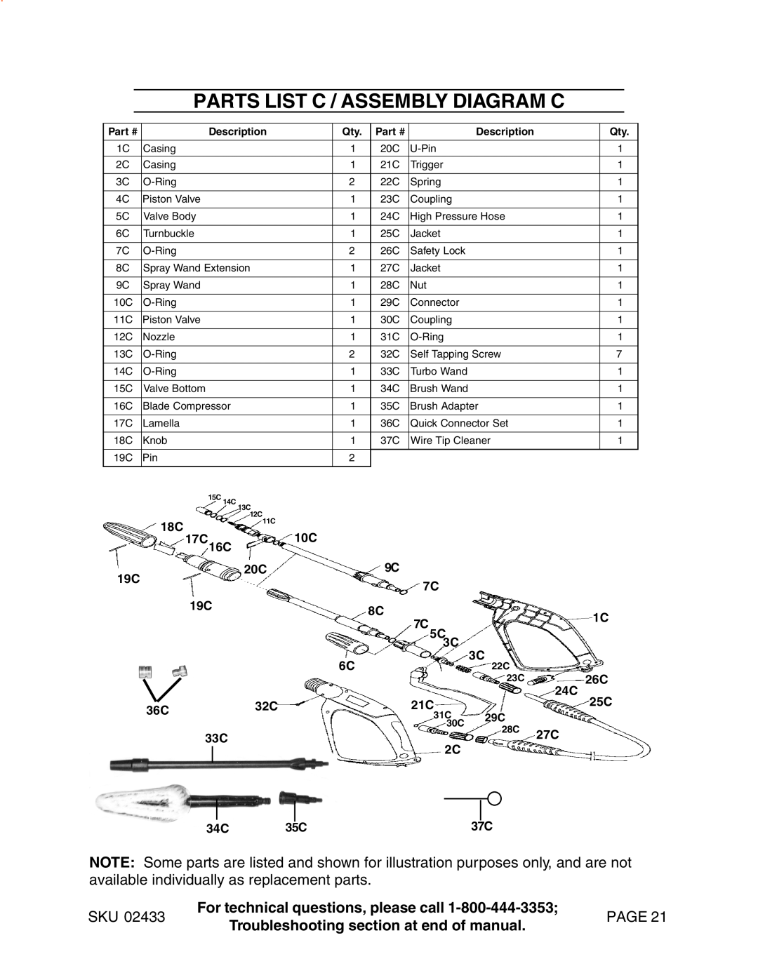 Harbor Freight Tools 2433 manual Parts List C / Assembly Diagram C, For technical questions, please call, Page 