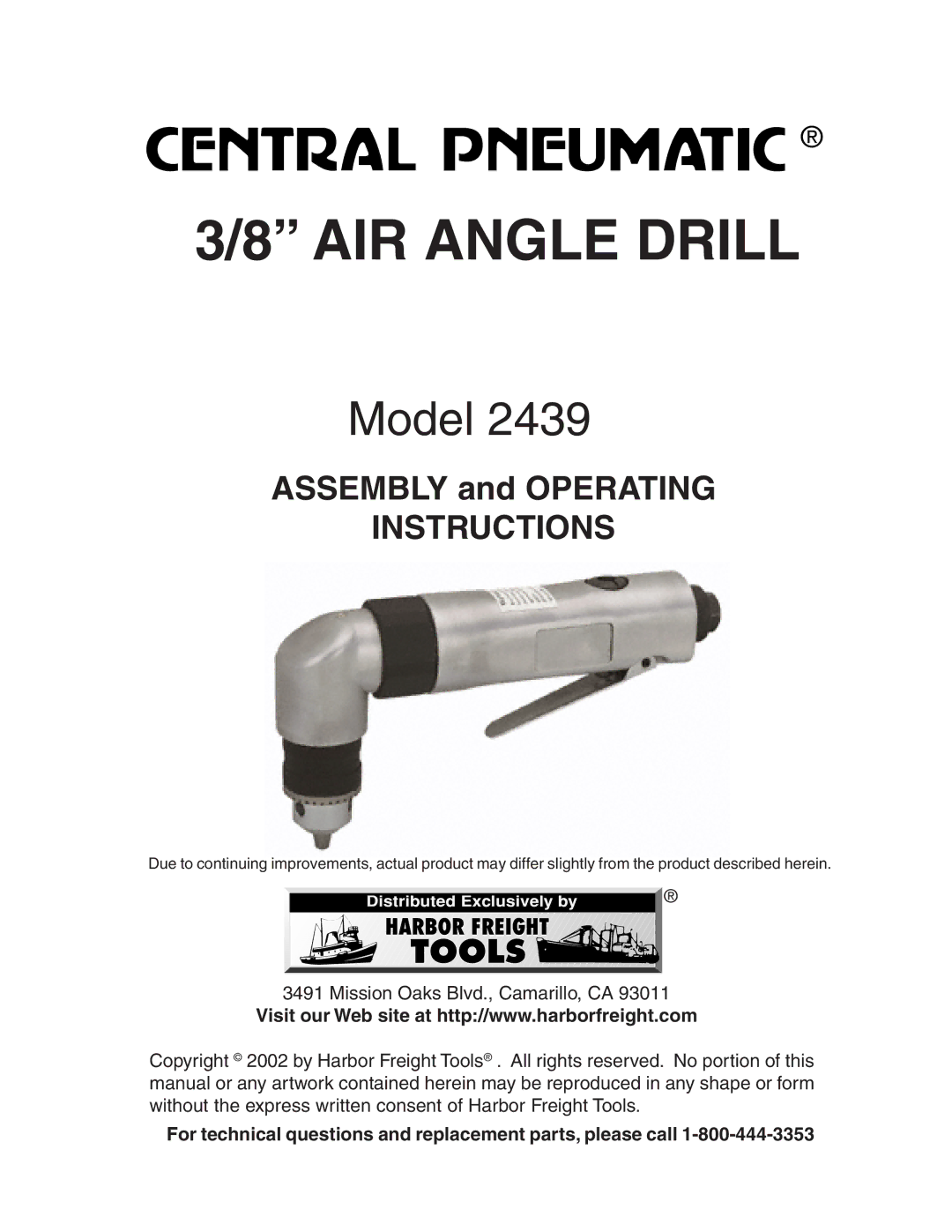 Harbor Freight Tools 2439 operating instructions AIR Angle Drill 