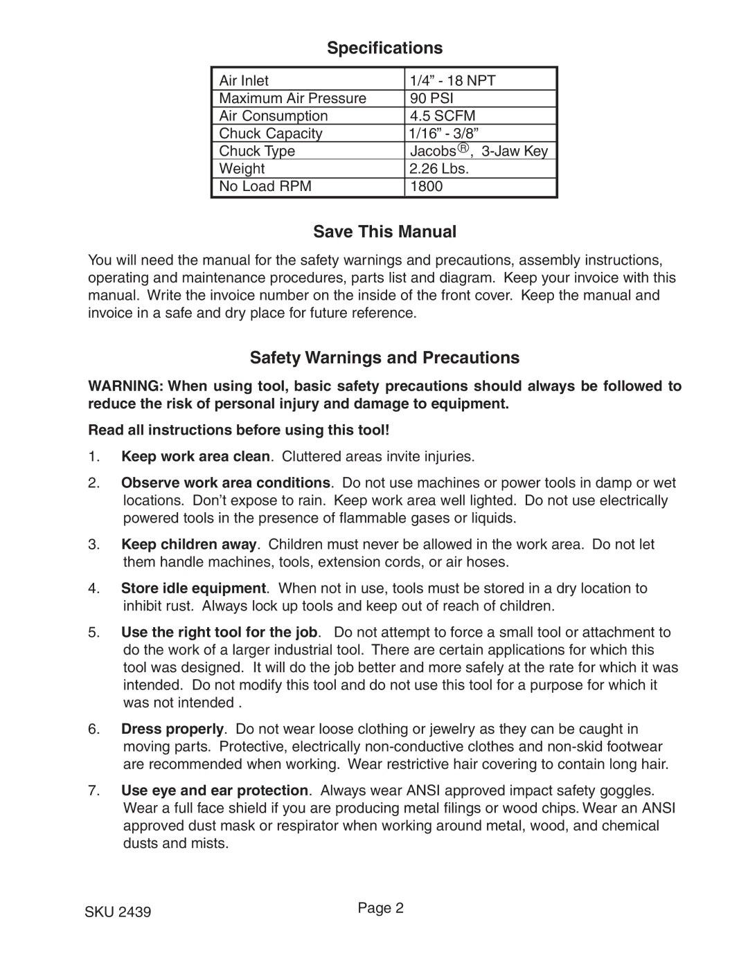 Harbor Freight Tools 2439 operating instructions Specifications, Save This Manual, Safety Warnings and Precautions 