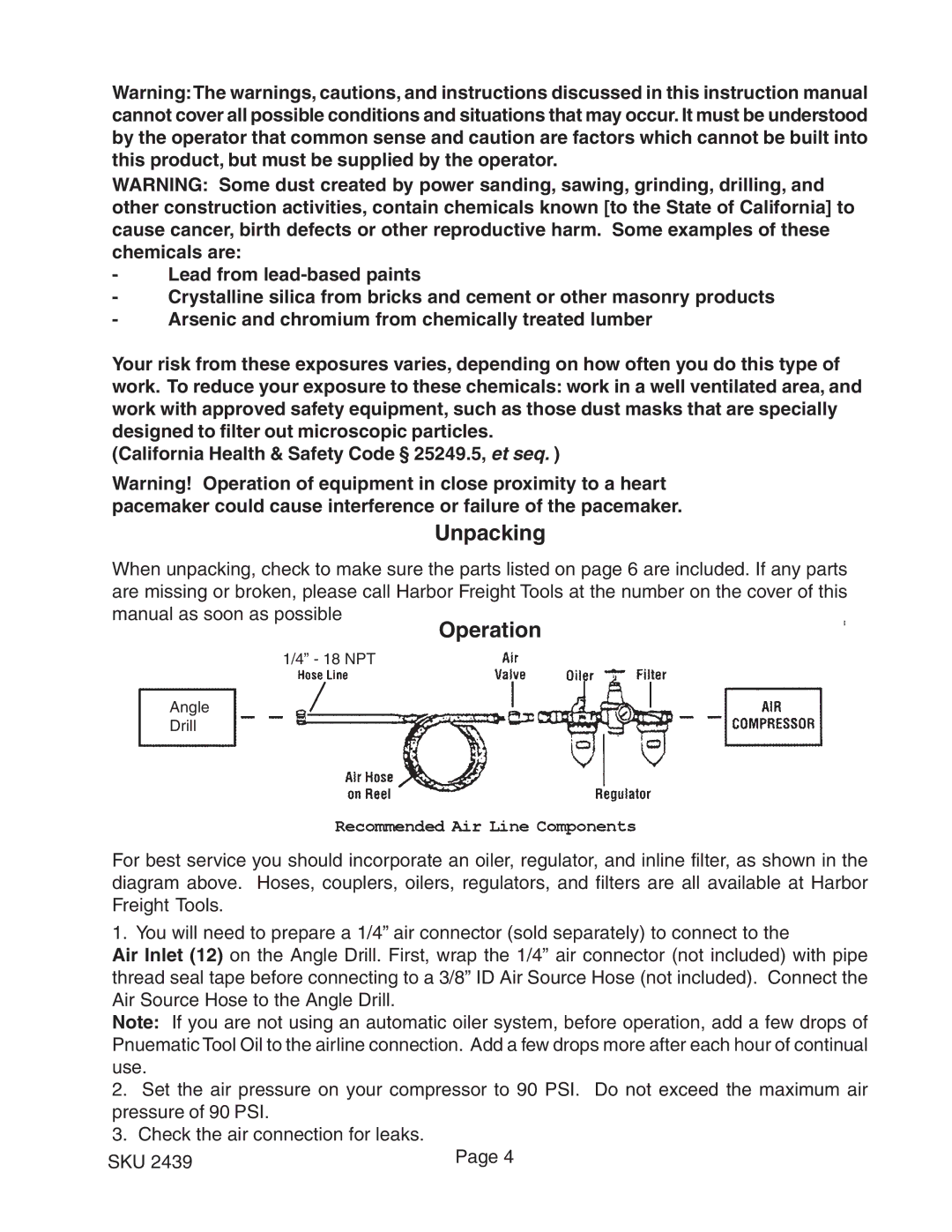 Harbor Freight Tools 2439 operating instructions Unpacking, Operation 