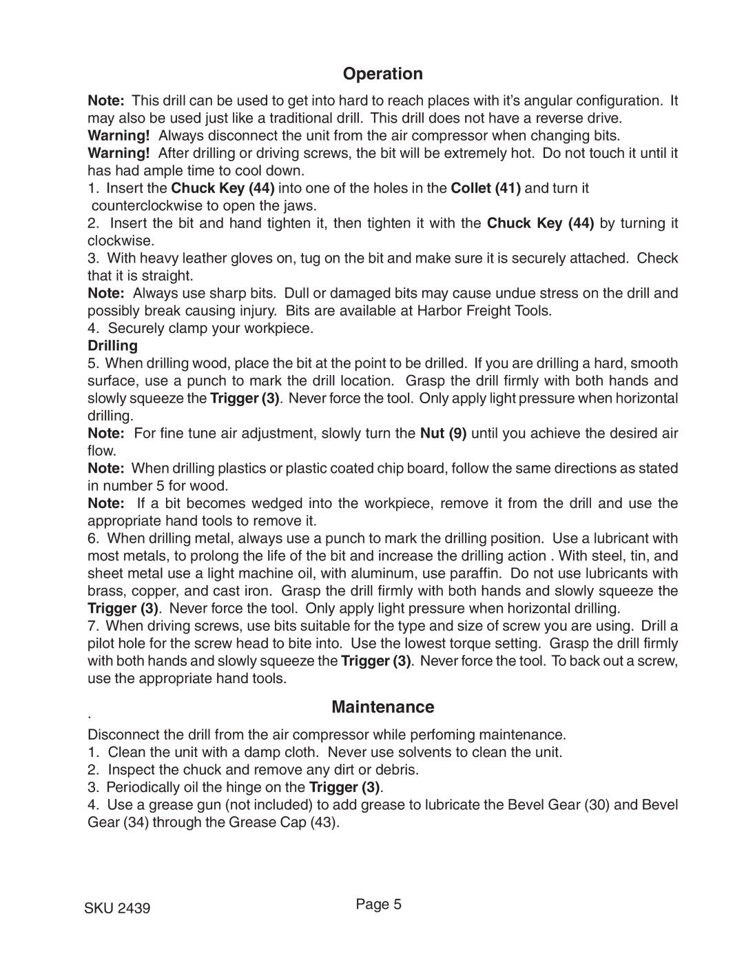 Harbor Freight Tools 2439 operating instructions Maintenance, Drilling 