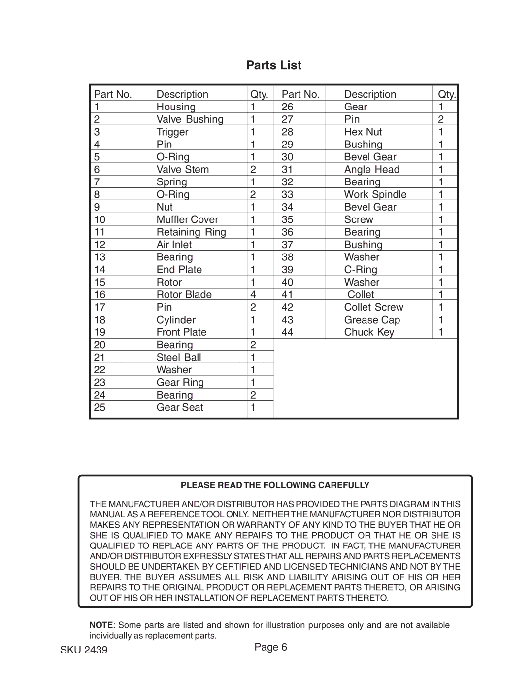 Harbor Freight Tools 2439 operating instructions Parts List, Please Read the Following Carefully 