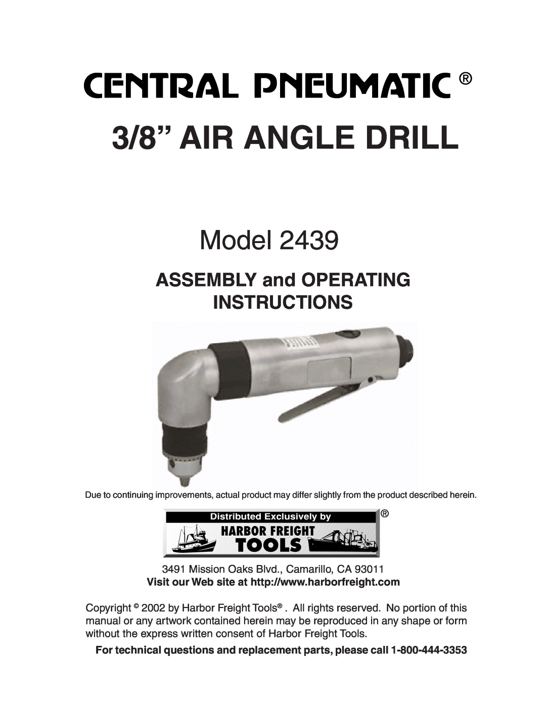 Harbor Freight Tools 2439 operating instructions For technical questions and replacement parts, please call, Model 