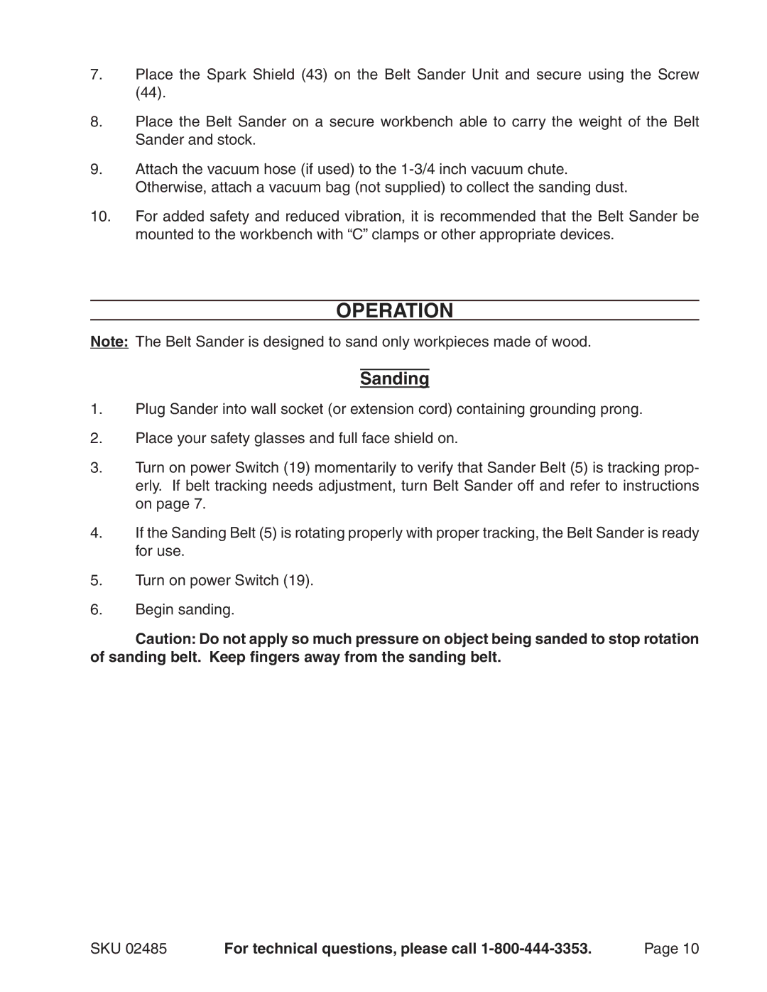 Harbor Freight Tools 2485 manual Operation, Sanding 