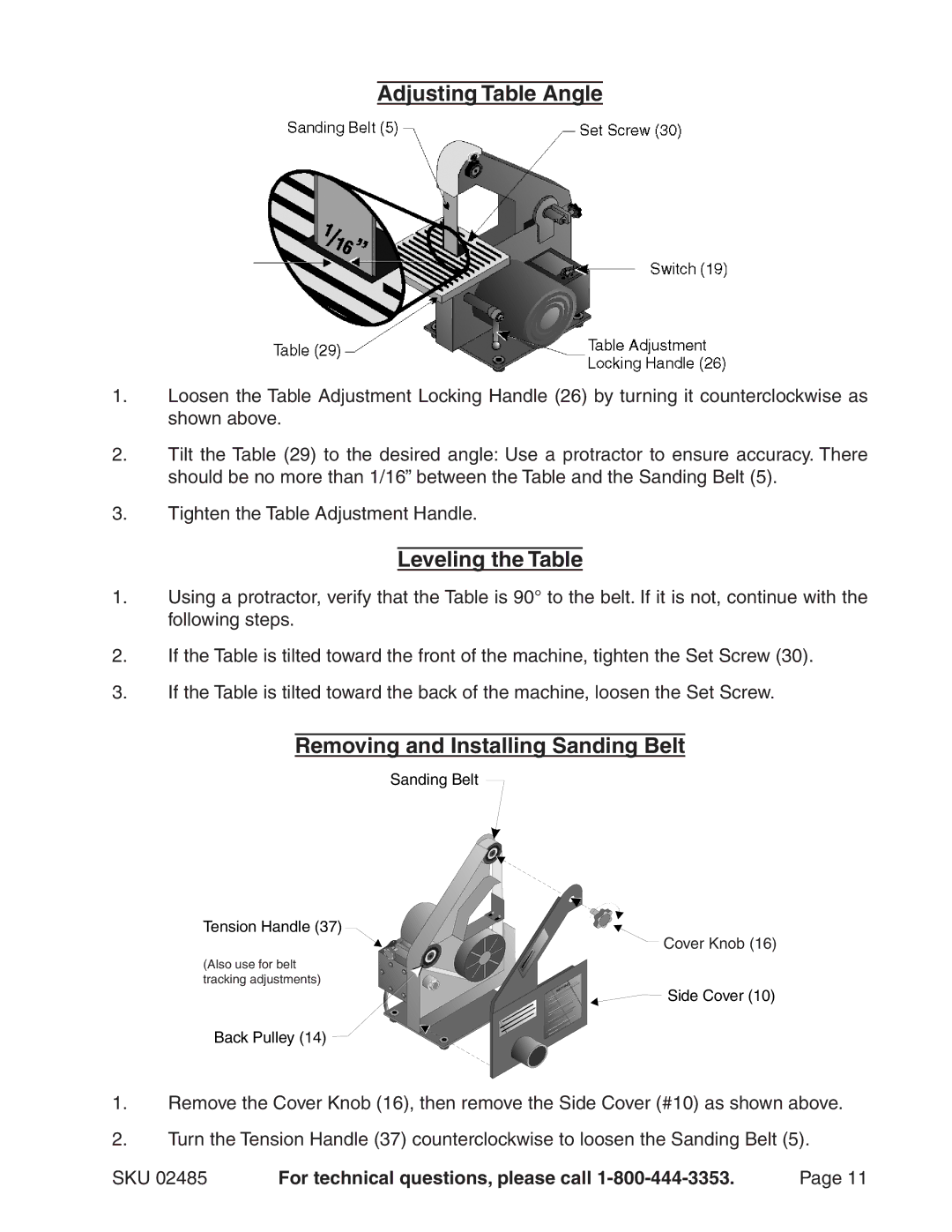 Harbor Freight Tools 2485 manual Adjusting Table Angle, Leveling the Table, Removing and Installing Sanding Belt 