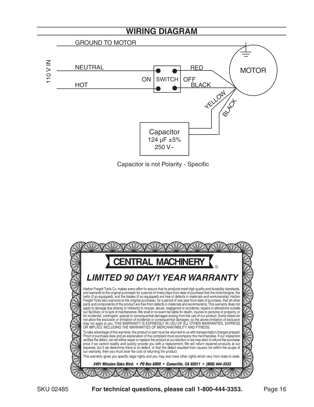 Harbor Freight Tools 2485 manual Limited 90 day/1 Year warranty, Wiring Diagram 