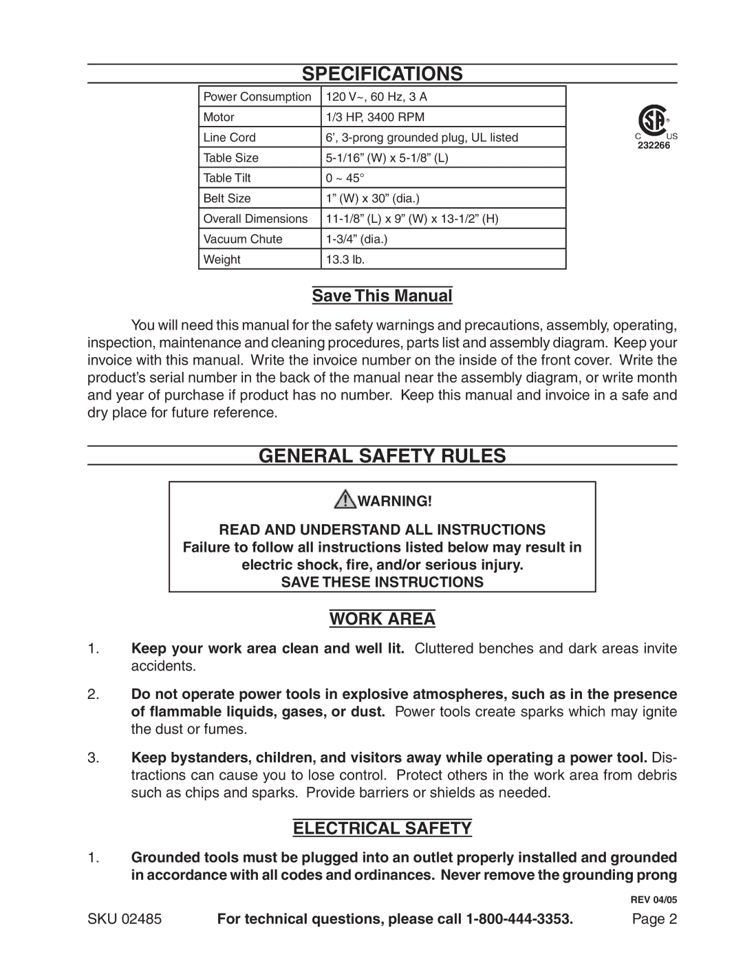 Harbor Freight Tools 2485 manual Specifications, Save This Manual, Work Area, Electrical Safety 