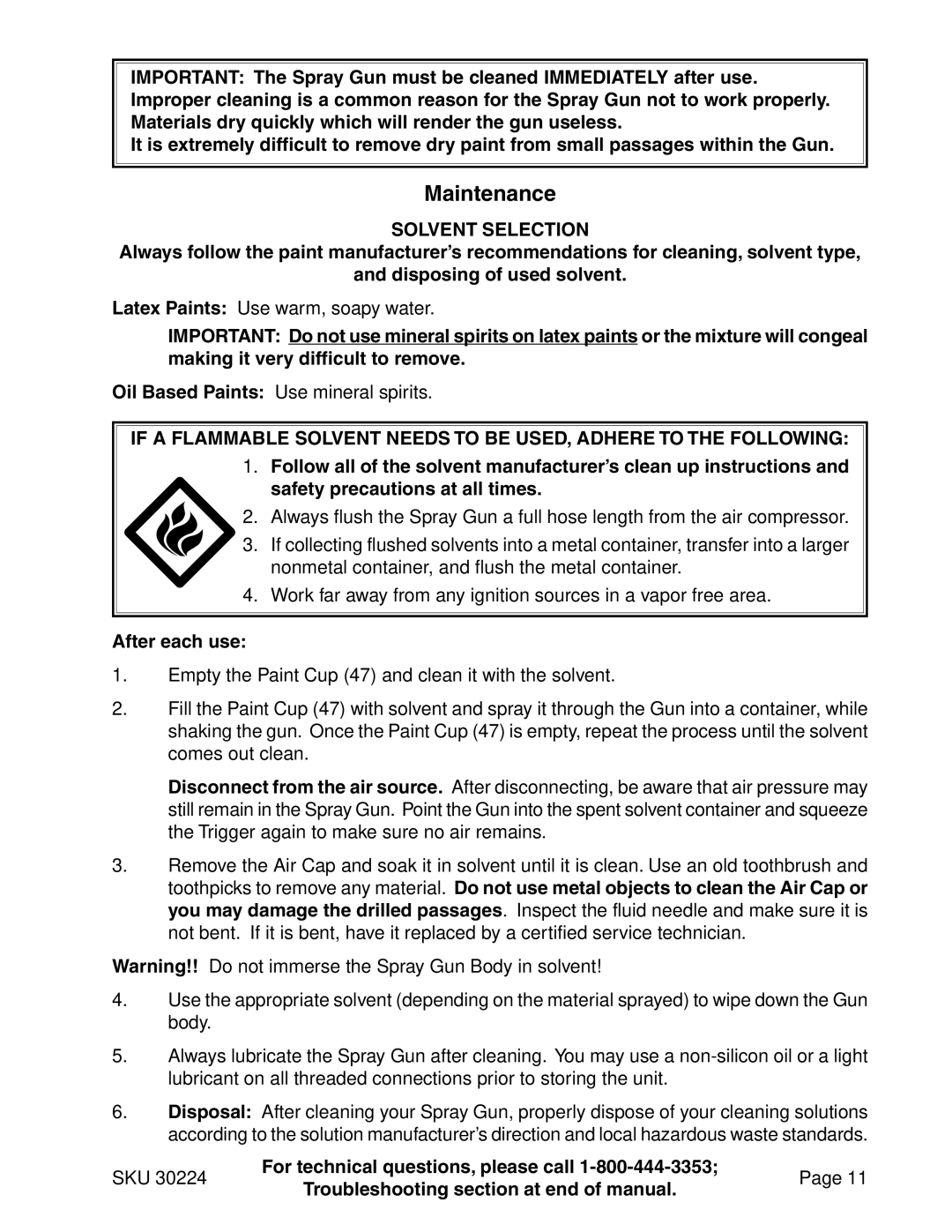 Harbor Freight Tools 30224 operating instructions Solvent Selection, After each use 