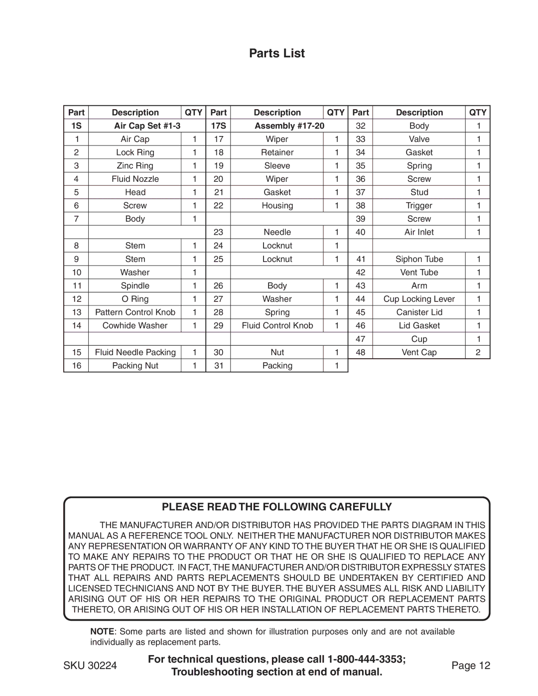 Harbor Freight Tools 30224 operating instructions Please Read the Following Carefully 