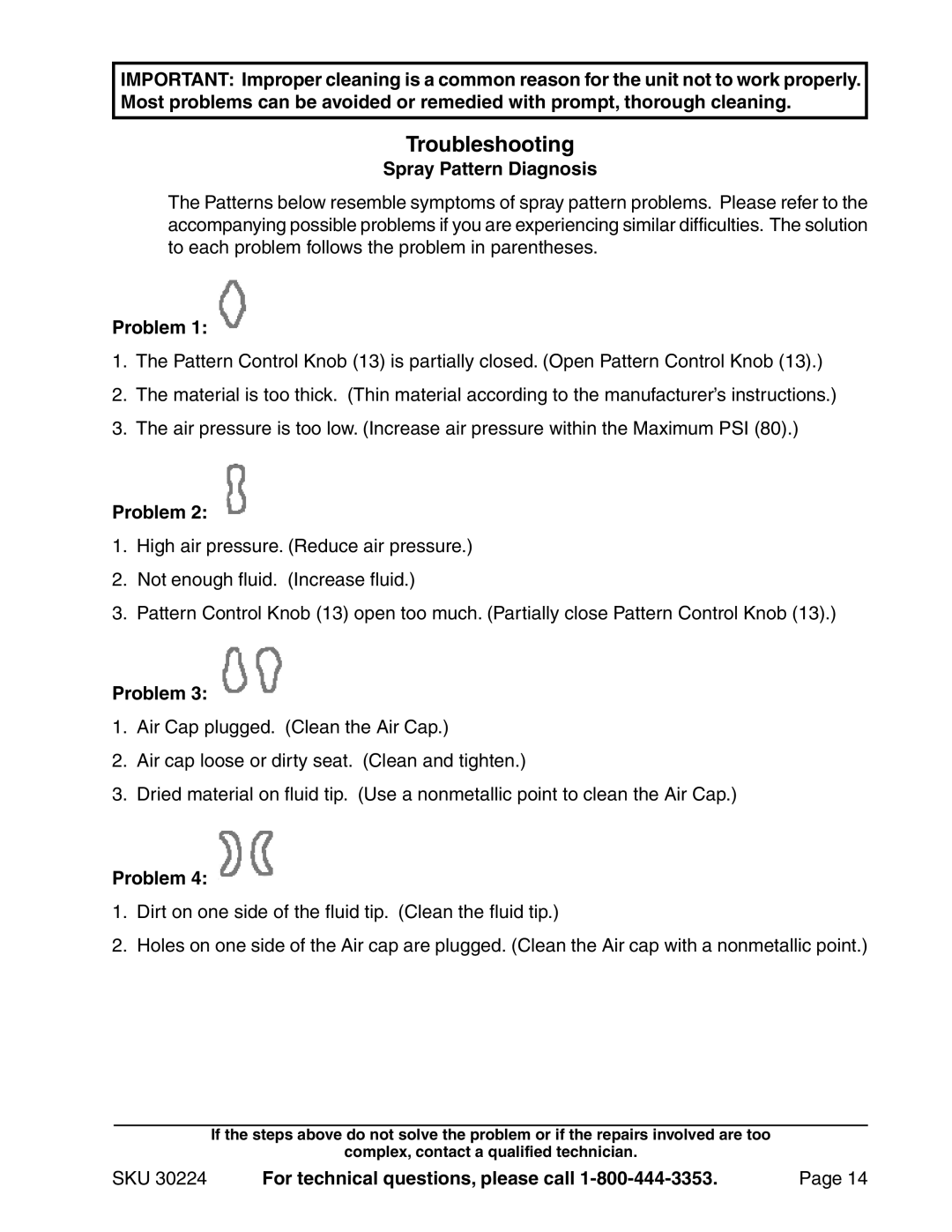 Harbor Freight Tools 30224 operating instructions Spray Pattern Diagnosis, Problem 