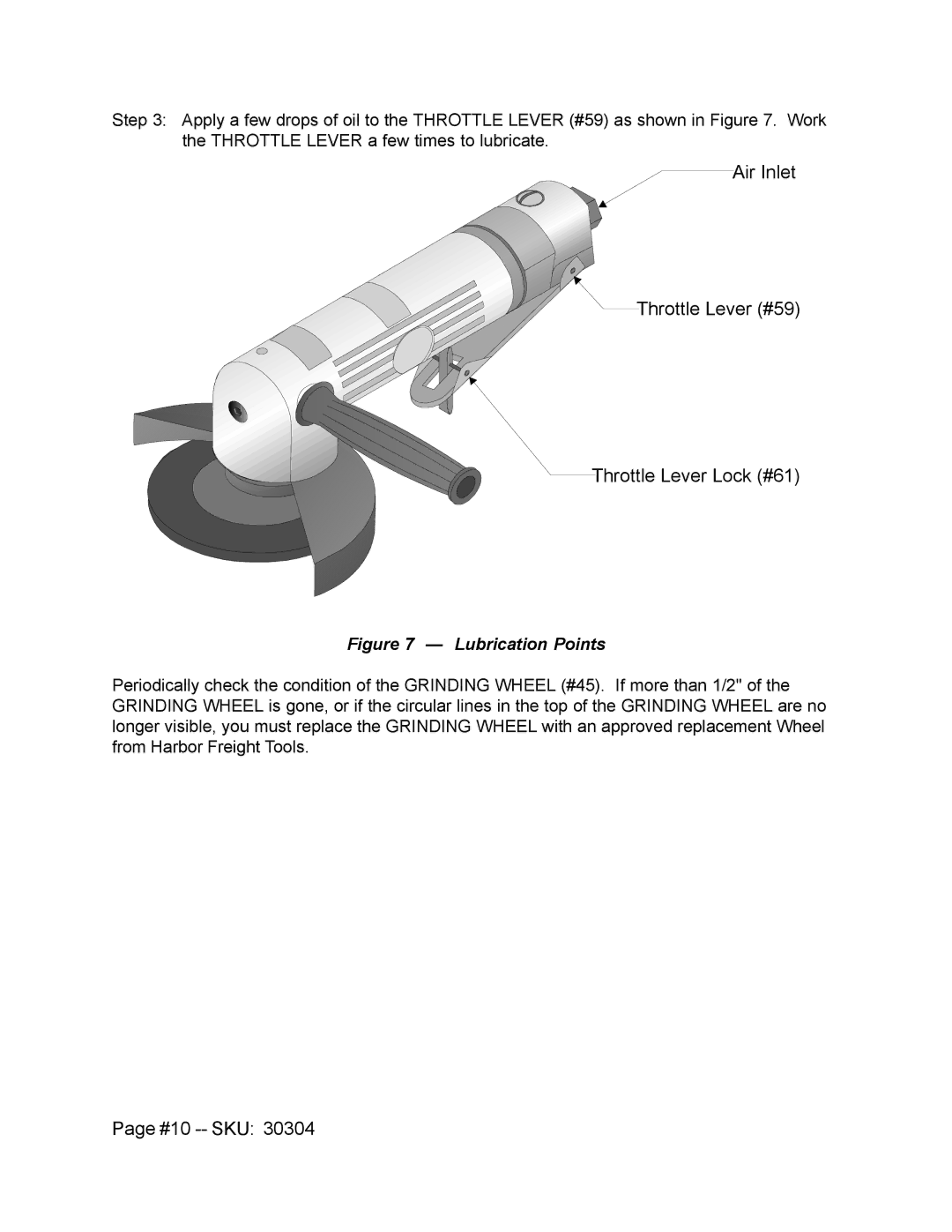 Harbor Freight Tools 30304 operating instructions Air Inlet Throttle Lever #59 Throttle Lever Lock #61, #10 -- SKU 
