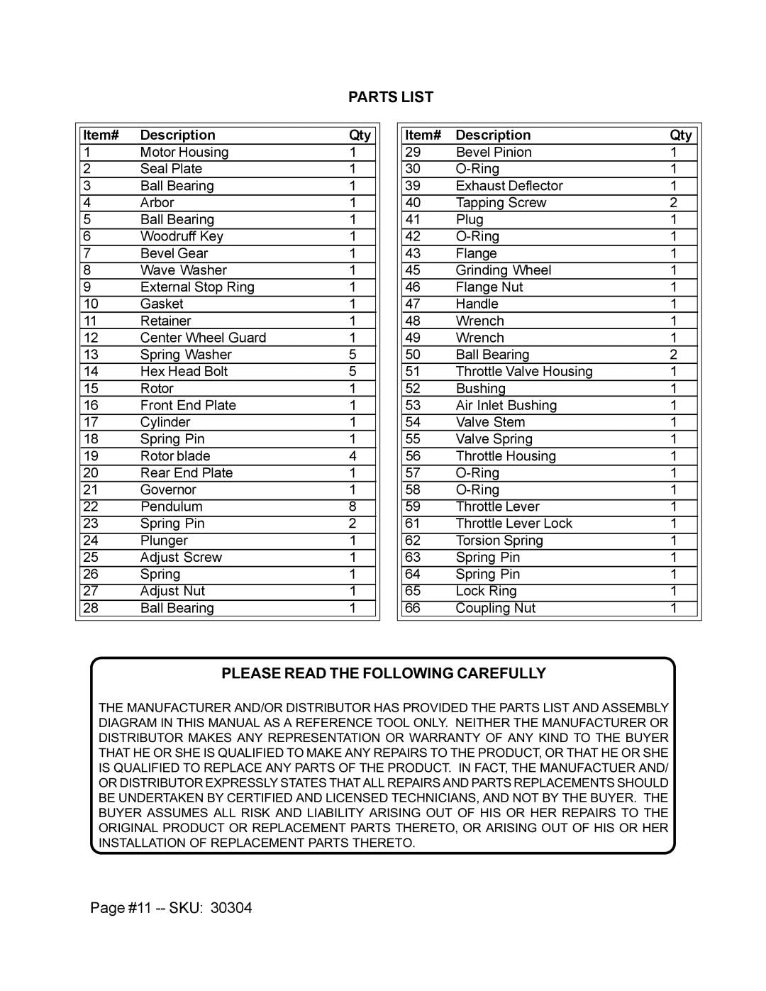 Harbor Freight Tools 30304 operating instructions Parts List, #11 -- SKU 