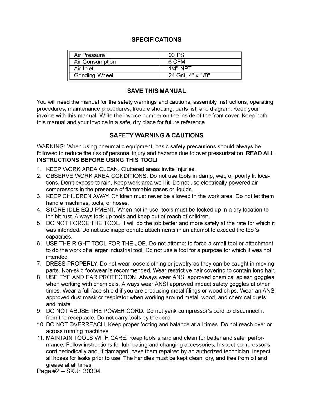 Harbor Freight Tools 30304 operating instructions #2 -- SKU, Instructions Before Using this Tool 