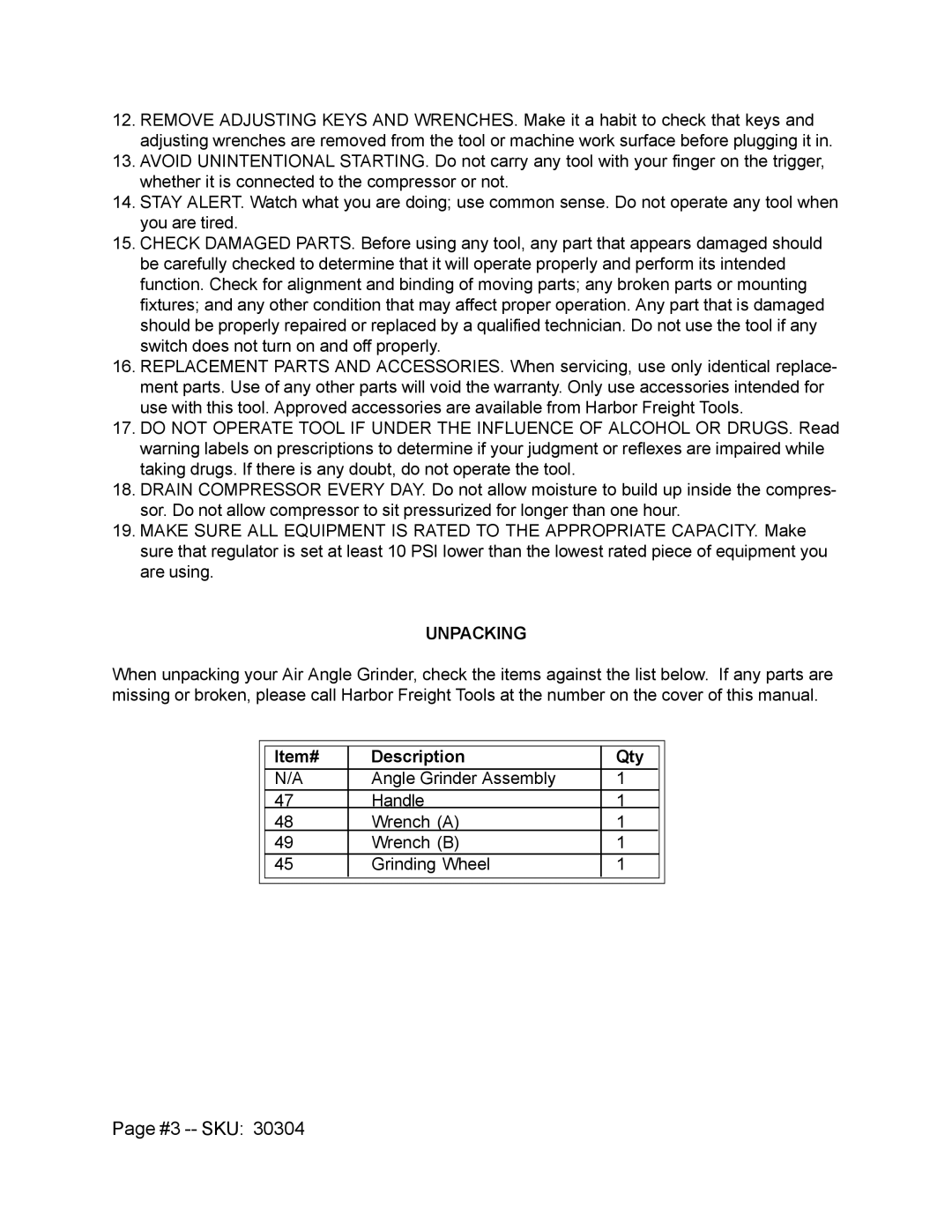 Harbor Freight Tools 30304 operating instructions #3 -- SKU, Unpacking 