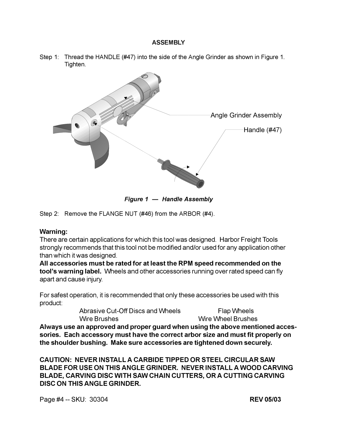 Harbor Freight Tools 30304 operating instructions Angle Grinder Assembly Handle #47, #4 -- SKU 