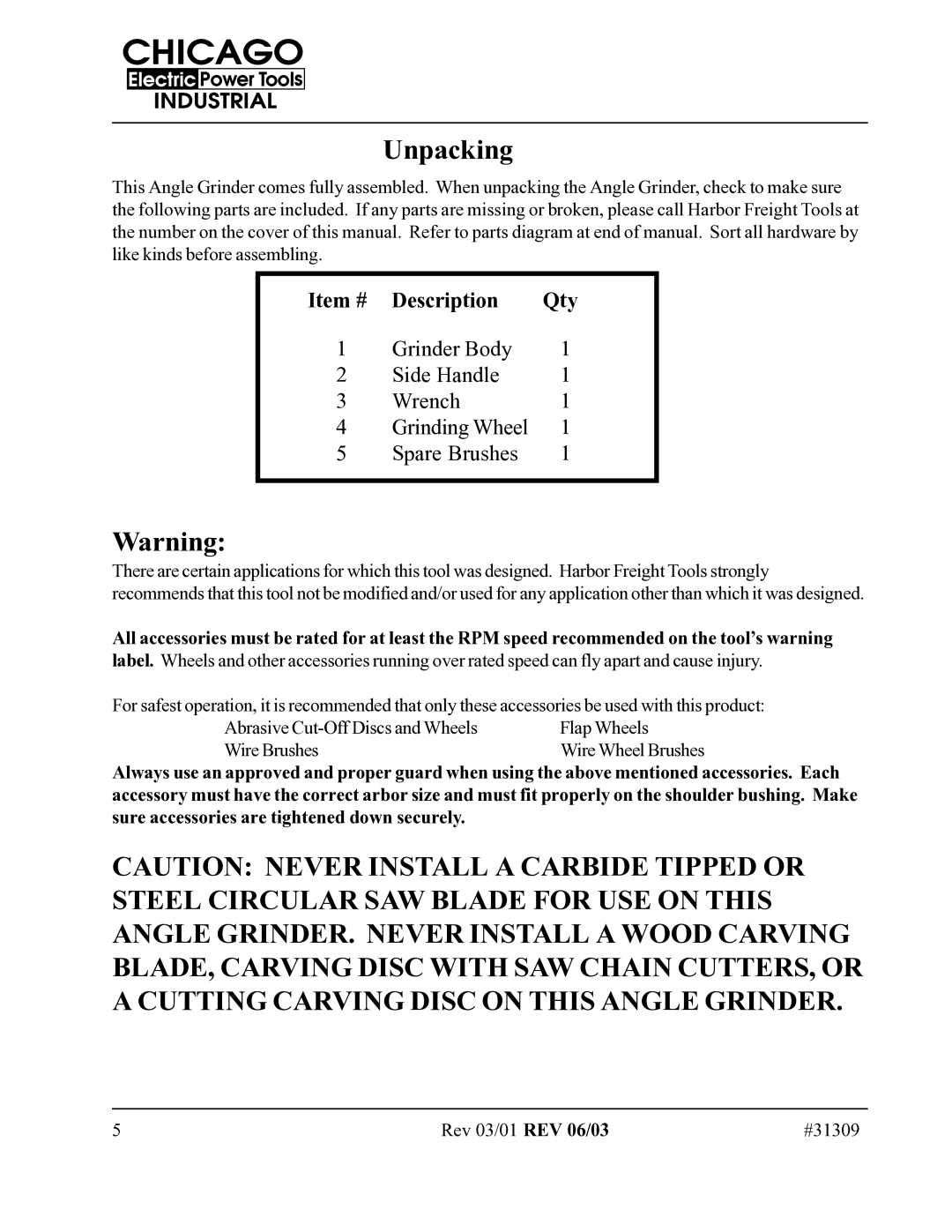 Harbor Freight Tools 31309 manual Unpacking 