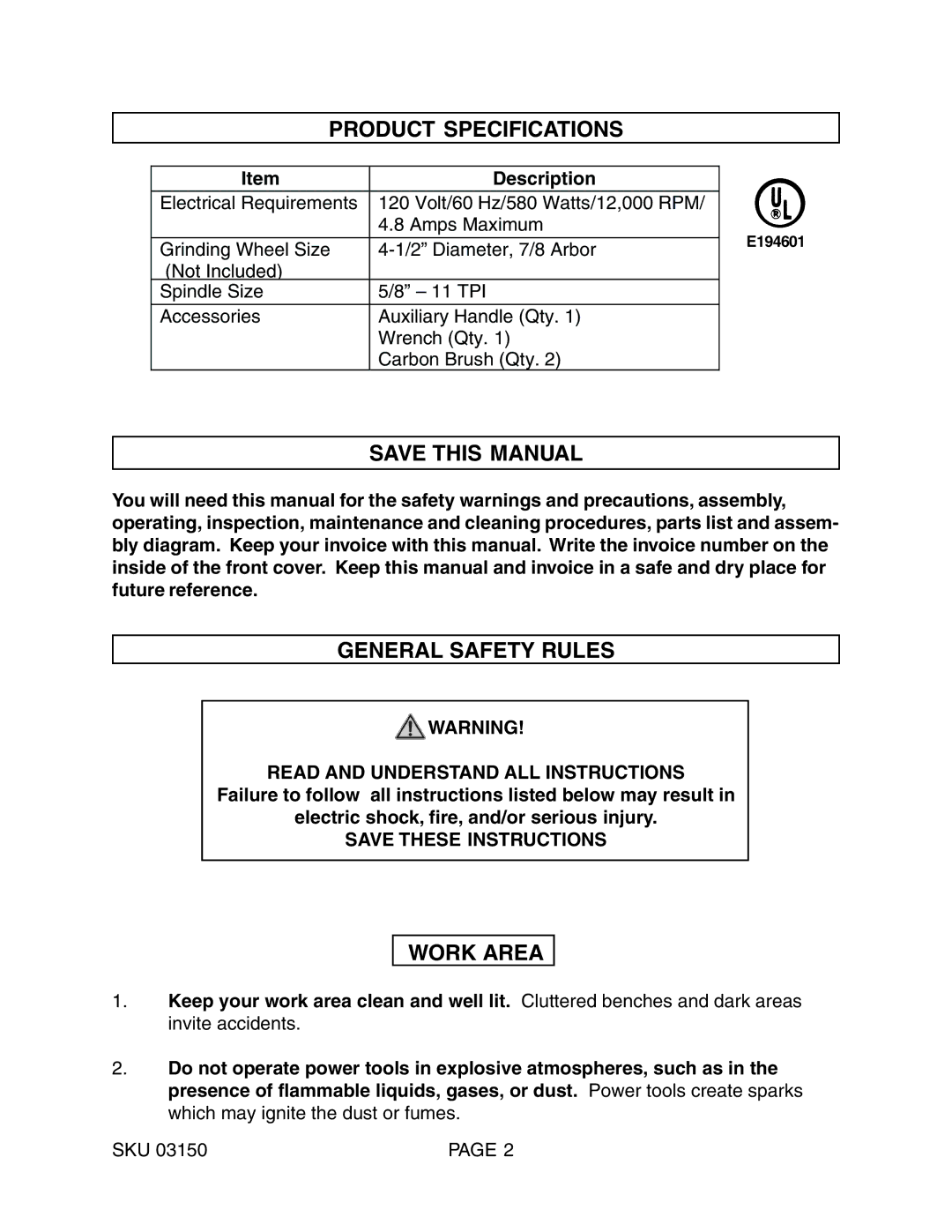 Harbor Freight Tools 3150 operating instructions Product Specifications, Save this Manual, General Safety Rules, Work Area 