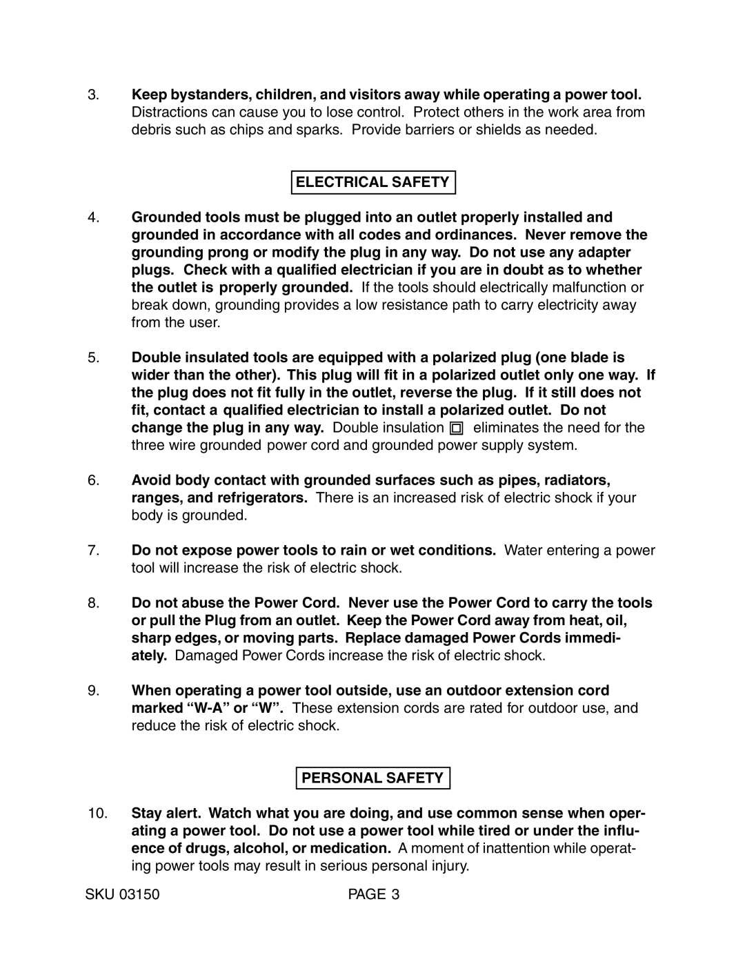 Harbor Freight Tools 3150 operating instructions Electrical Safety, Personal Safety 