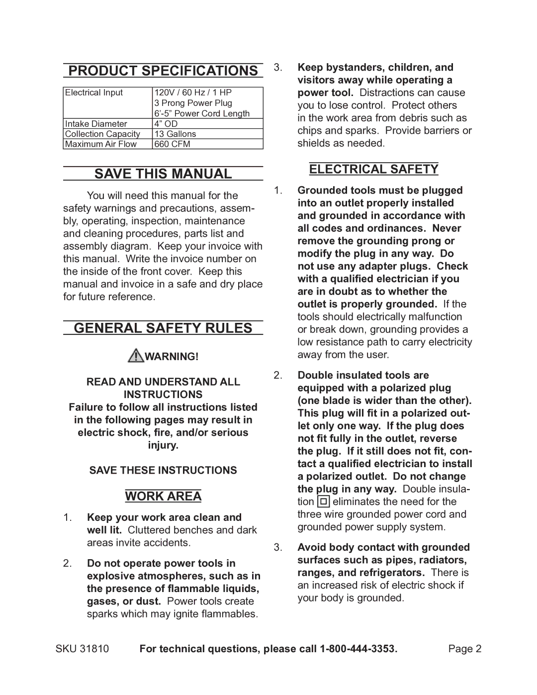 Harbor Freight Tools 31810 Product Specifications, Save this Manual, General Safety Rules, Work Area, Electrical Safety 