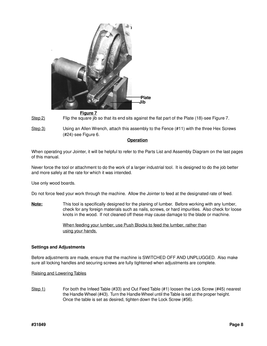 Harbor Freight Tools 31849 operating instructions Plate, Jib, Operation, Settings and Adjustments 