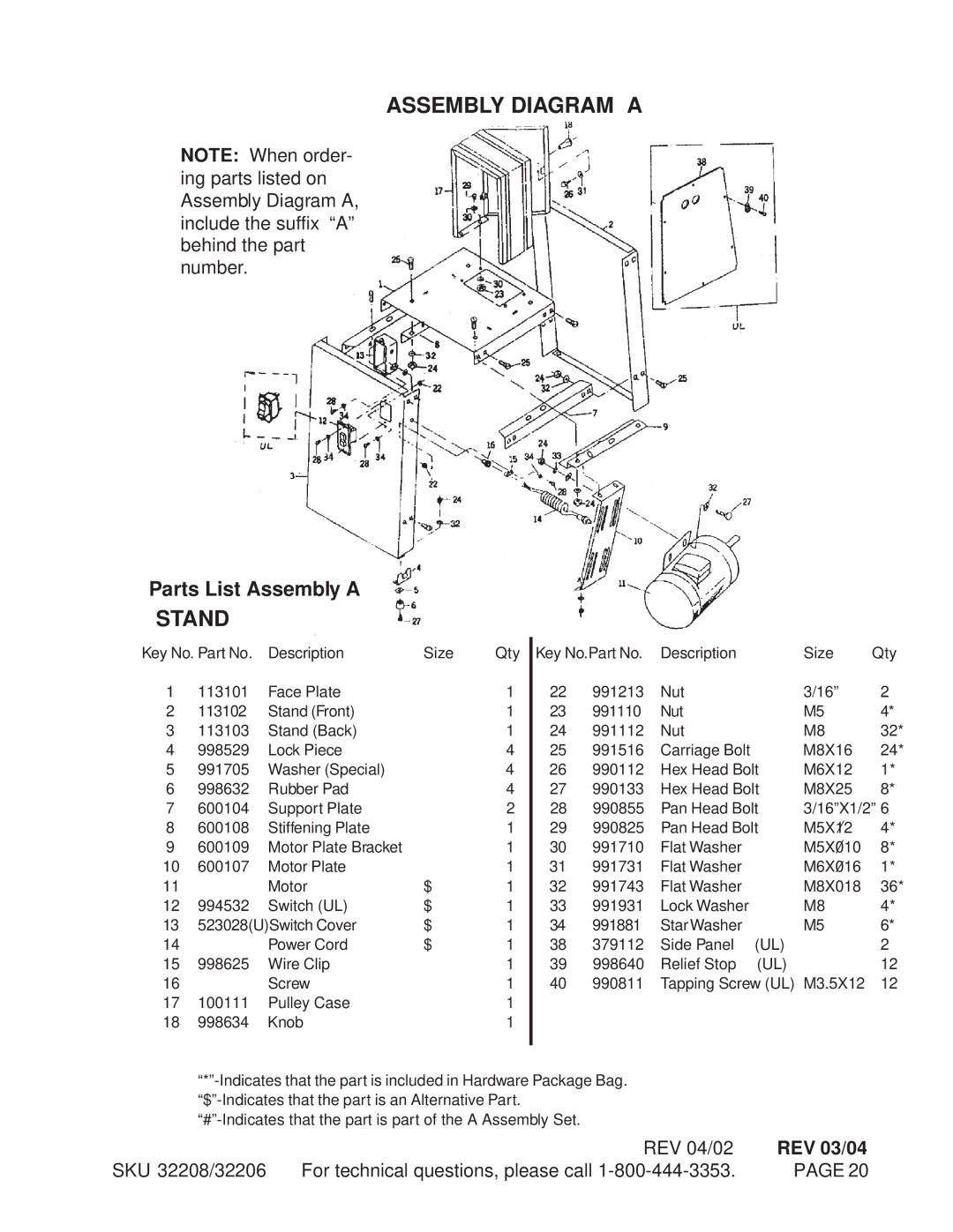 Harbor Freight Tools 32208, 32206 manual Assembly Diagram a, Stand, REV 03/04 