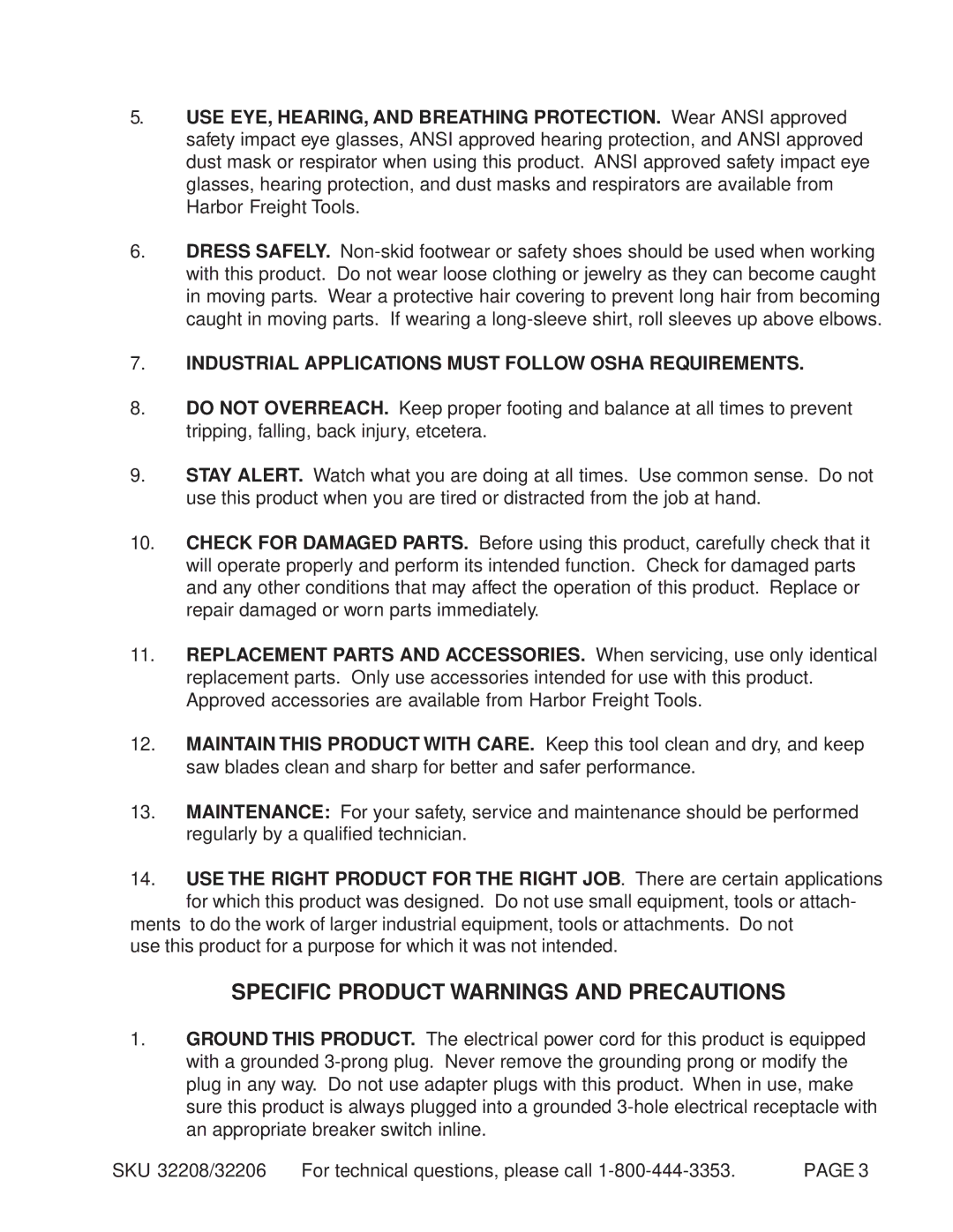 Harbor Freight Tools 32206, 32208 manual Specific Product Warnings and Precautions 