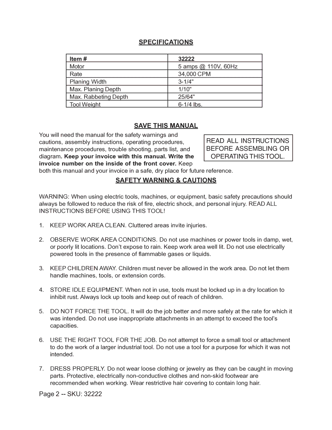 Harbor Freight Tools 32222 operating instructions Specifications, Save this Manual, Safety Warning & Cautions, Sku 