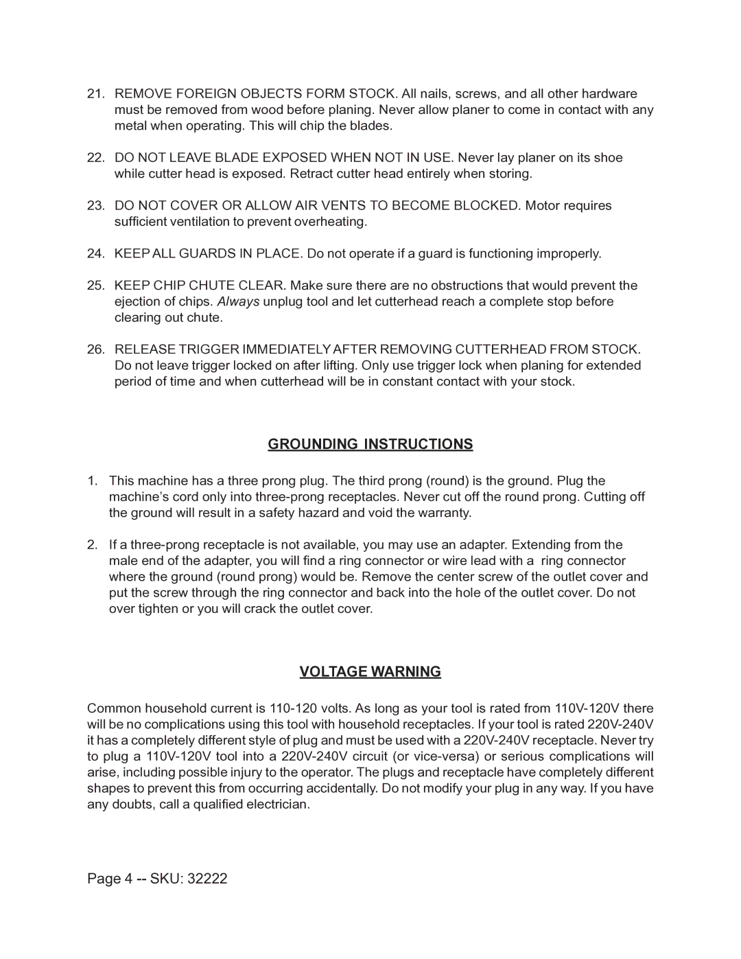 Harbor Freight Tools 32222 operating instructions Grounding Instructions, Voltage Warning, Sku 