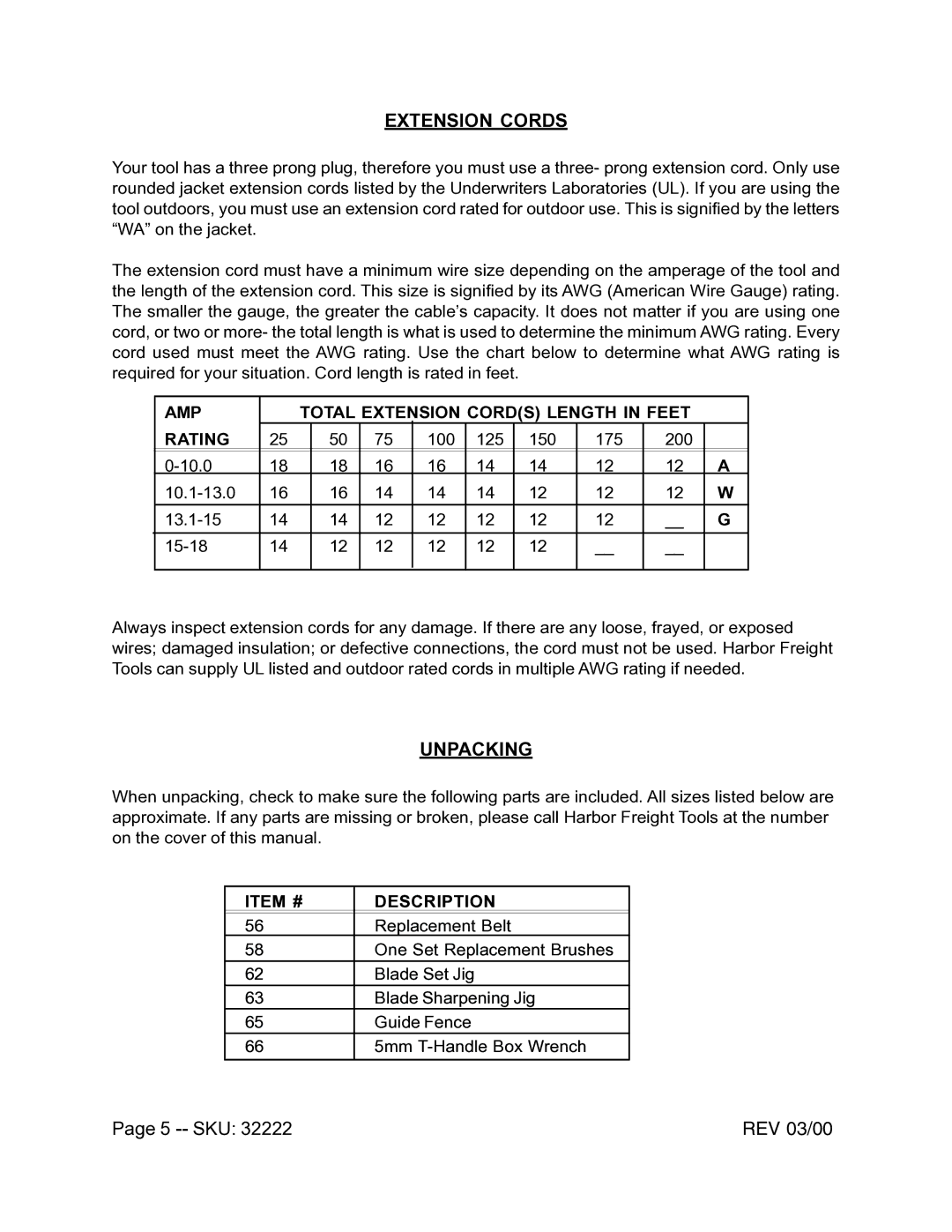 Harbor Freight Tools 32222 operating instructions Extension Cords, Unpacking, SKU REV 03/00 