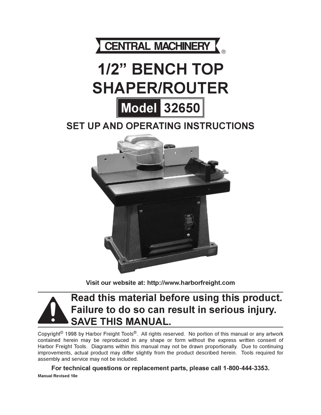 Harbor Freight Tools 32650 operating instructions Bench TOP Shaper/Router 