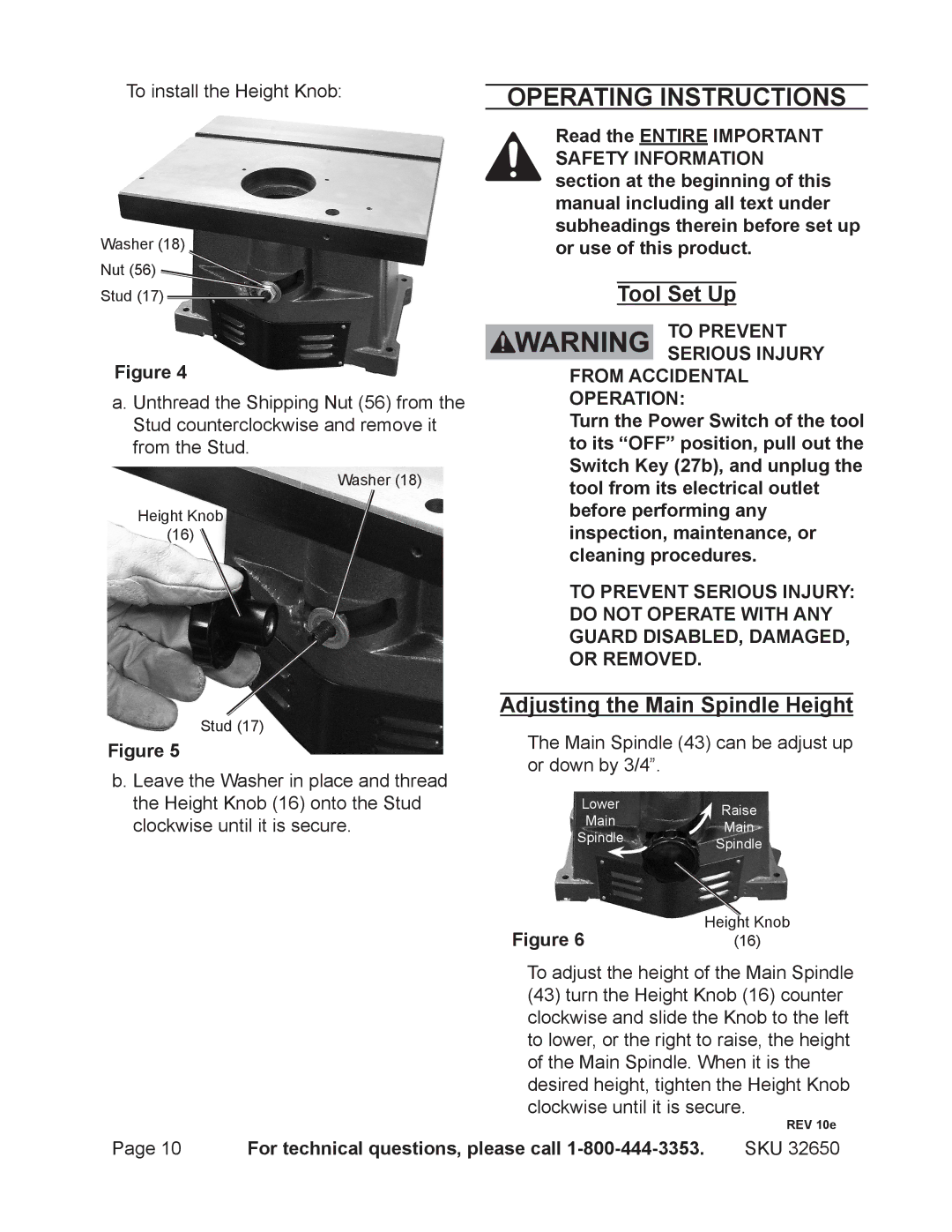 Harbor Freight Tools 32650 operating instructions Operating Instructions, Tool Set Up, Adjusting the Main Spindle Height 