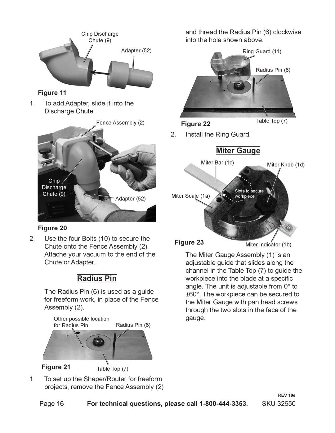 Harbor Freight Tools 32650 operating instructions Radius Pin, Miter Gauge 