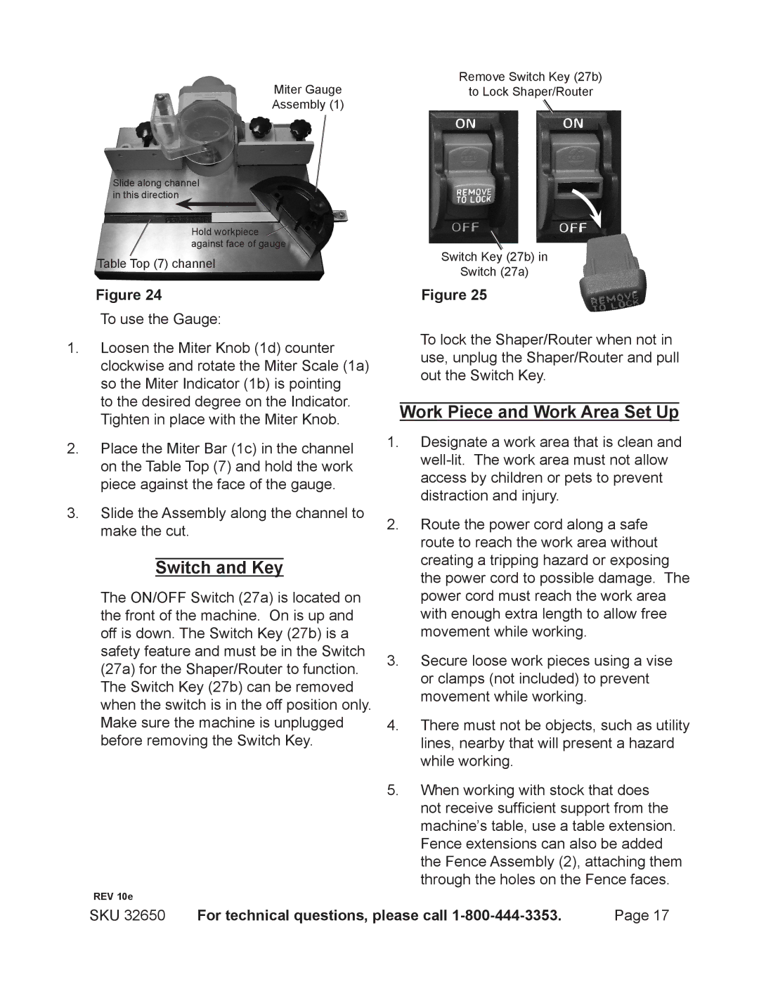 Harbor Freight Tools 32650 operating instructions Switch and Key, Work Piece and Work Area Set Up 