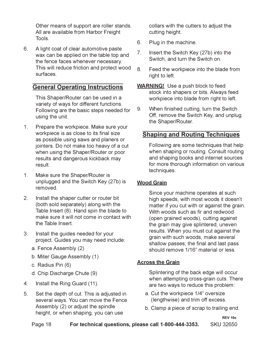 Harbor Freight Tools 32650 General Operating Instructions, Shaping and Routing Techniques, Wood Grain, Across the Grain 