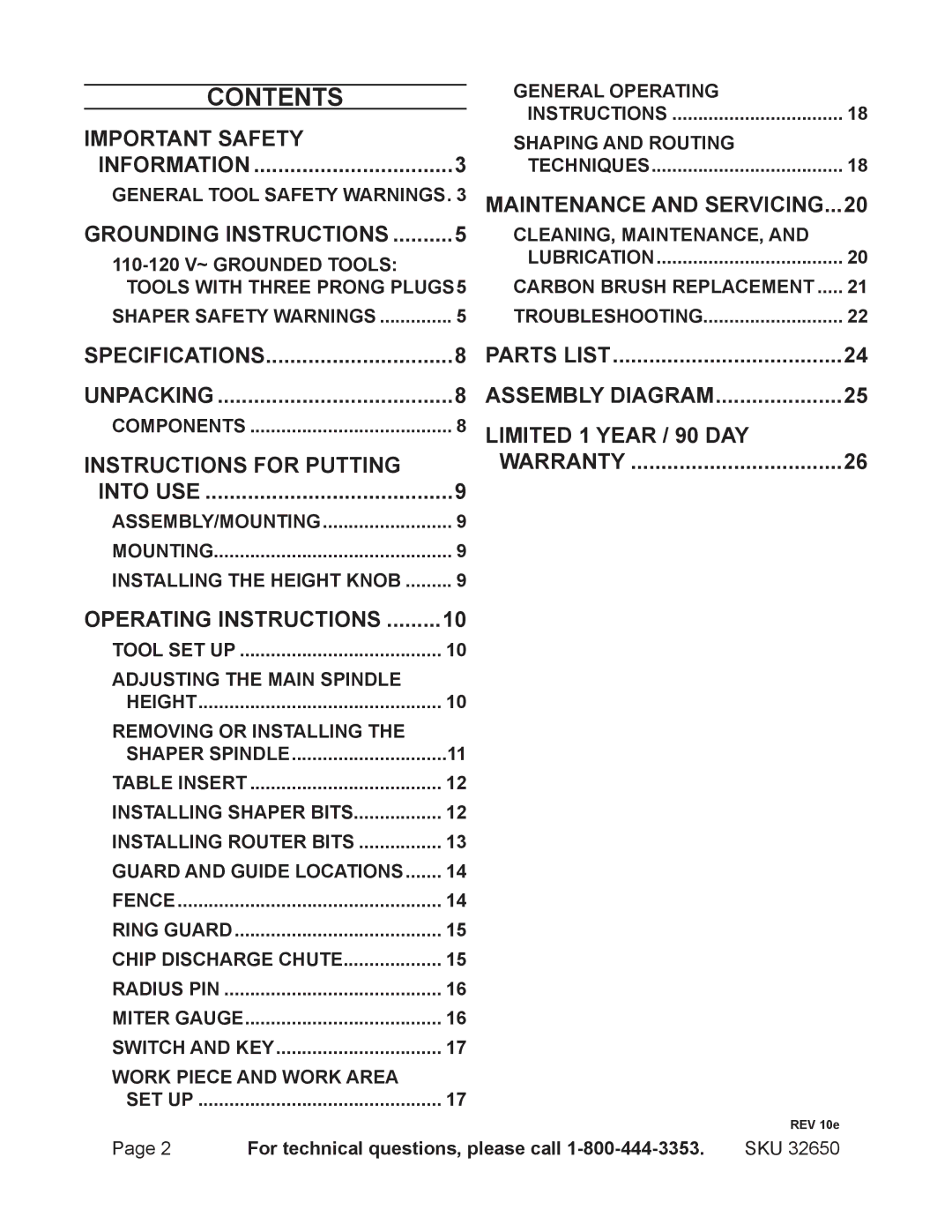 Harbor Freight Tools 32650 operating instructions Contents 