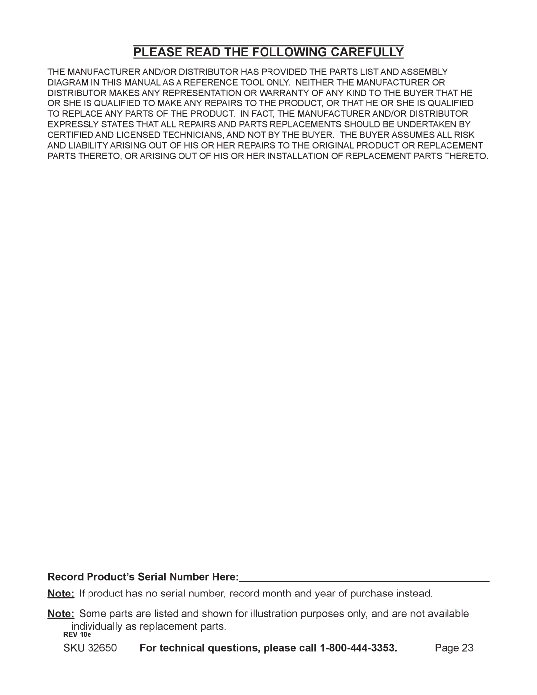 Harbor Freight Tools 32650 operating instructions Please Read the Following Carefully, Record Product’s Serial Number Here 