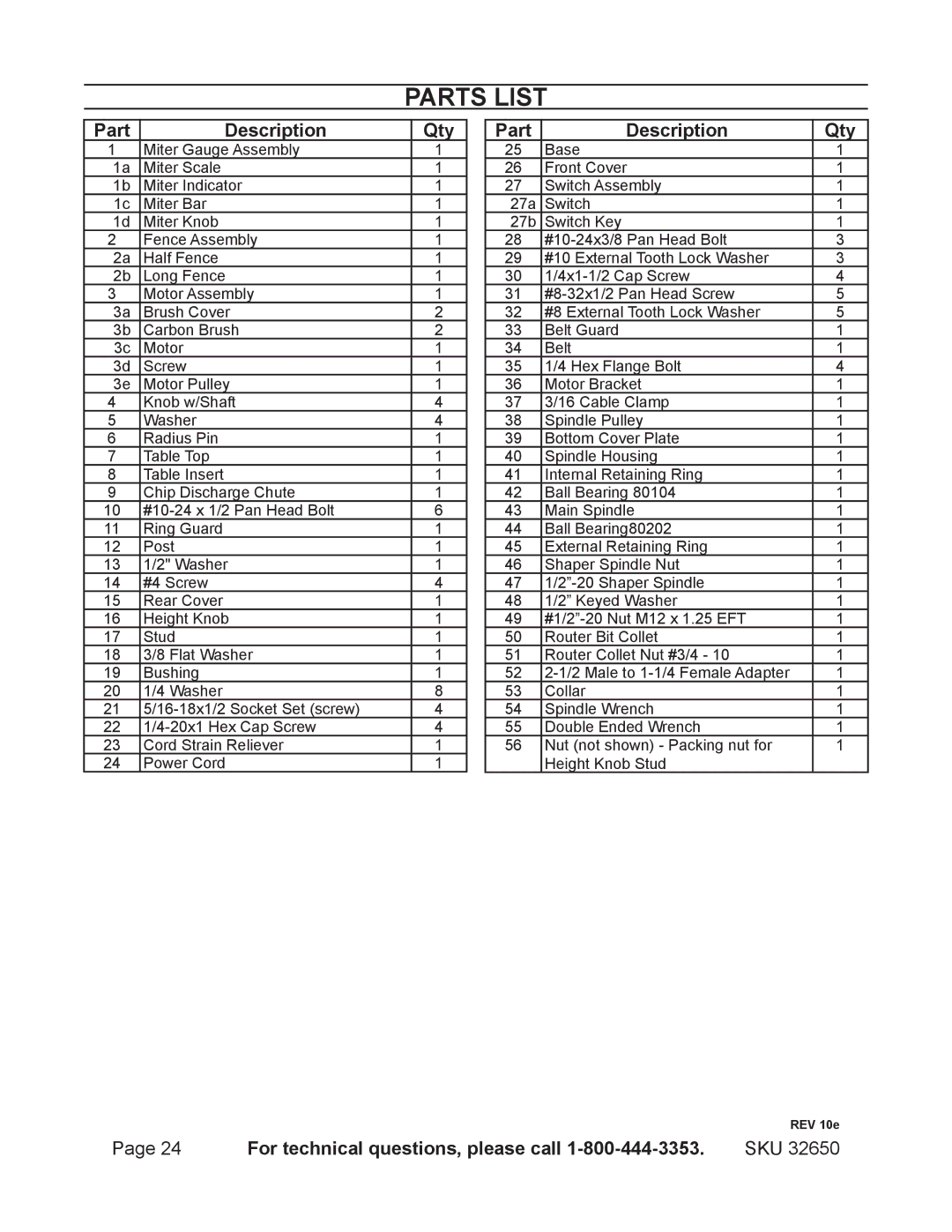 Harbor Freight Tools 32650 operating instructions Parts List, Part Description Qty 