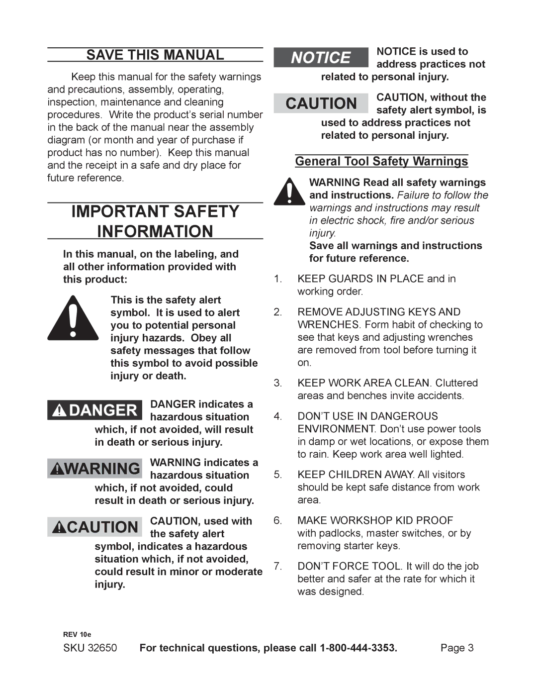 Harbor Freight Tools 32650 operating instructions Save This Manual, General Tool Safety Warnings 